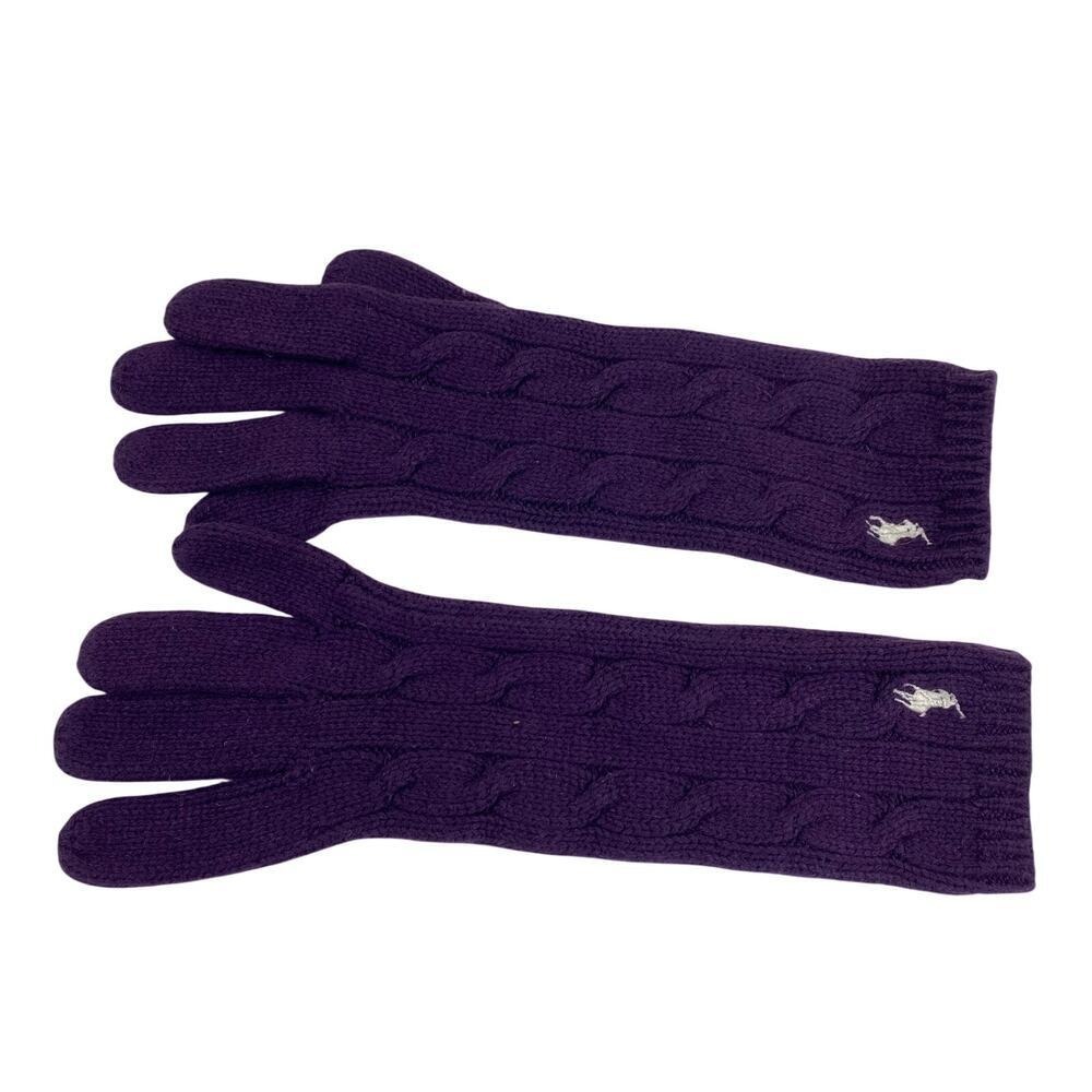 Ralph Lauren Women Gloves One Size Pony Logo Cable Knit Purple Cozy Wool Blend